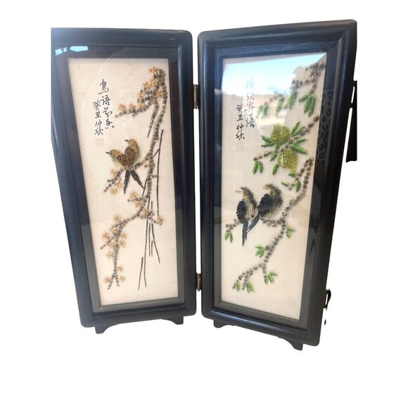 Japanese Asian 4 Panel Folding Screen Art Table Top Wall Hanging Shell Art Birds - Picture 2 of 12